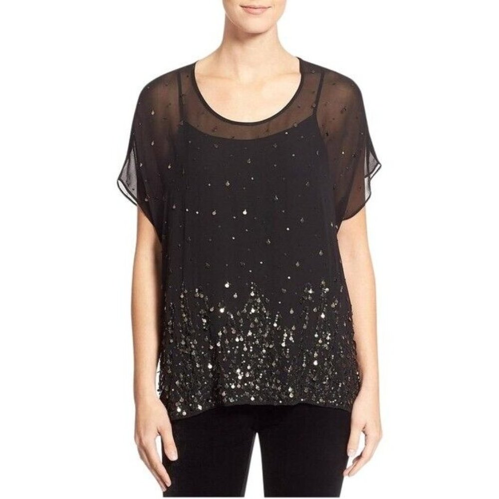 Eileen Fisher Black Box Sheer Silk Dancing Sequin Blouse Size Small